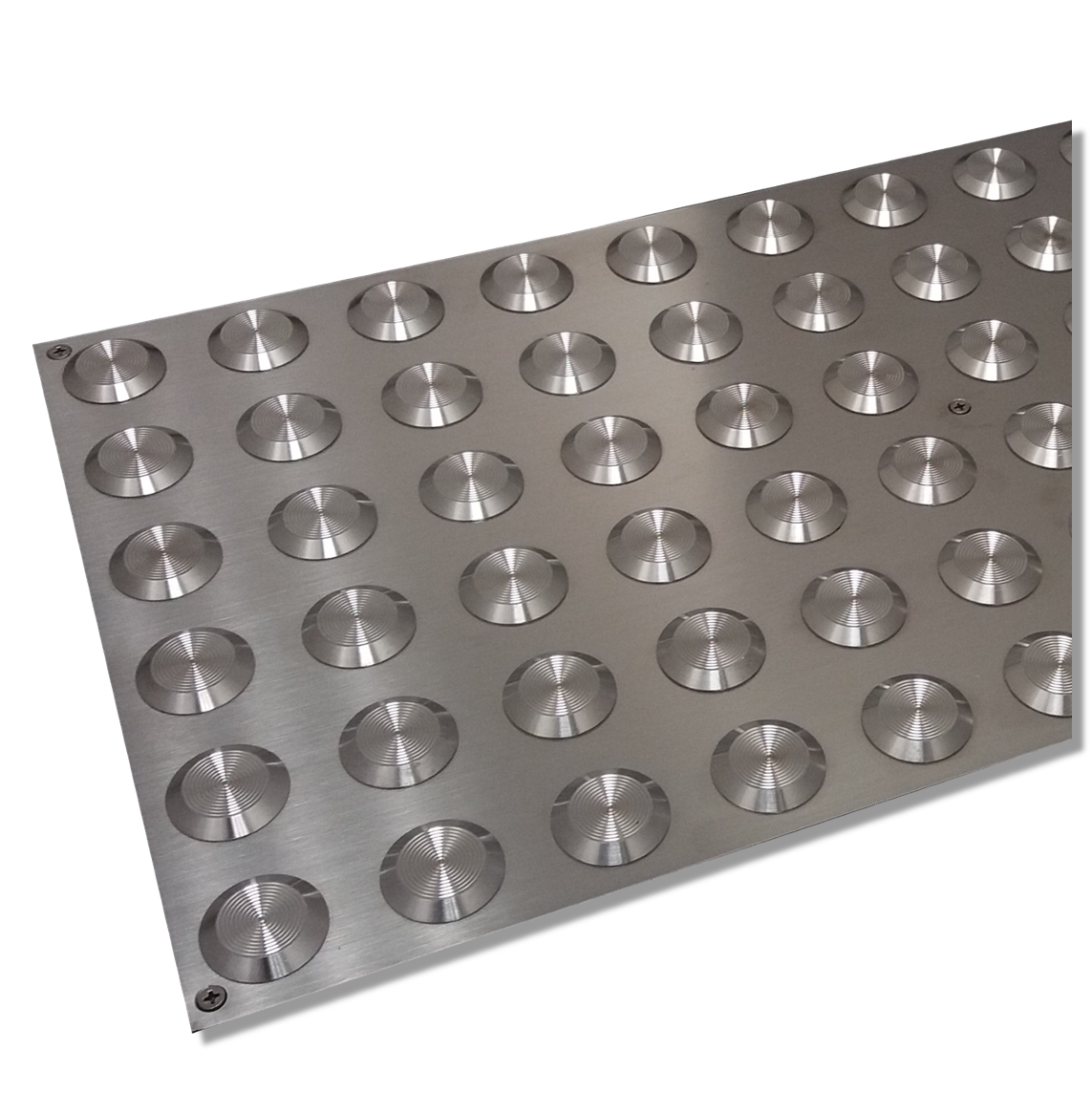 Close-up of TacPro stainless steel tactile indicator warning plate. Main product photo