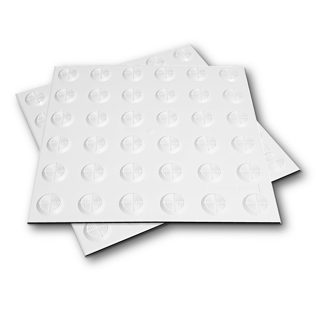 Two TacPro white peel-and-stick tactile indicator warning tiles. Main product photo